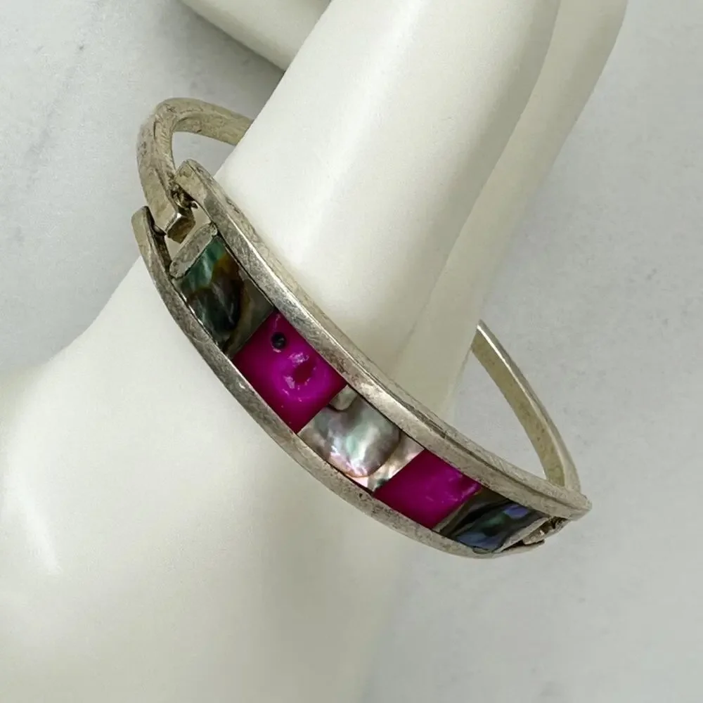 Vintage Abalone Pink Inlay Silver Tone Child Hinged Bangle Bracelet ✨